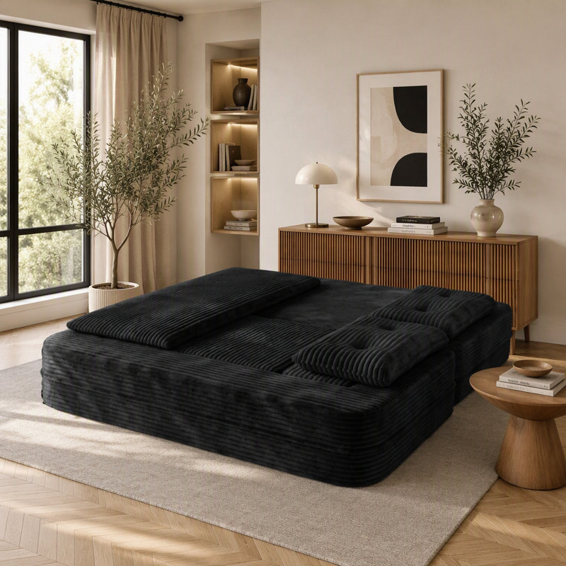 Canapé-lit King Size de 80 pouces, canapé profond en velours côtelé moelleux avec méridienne indépendante et couverture fonctionnelle, méridienne surdimensionnée convertible, noir