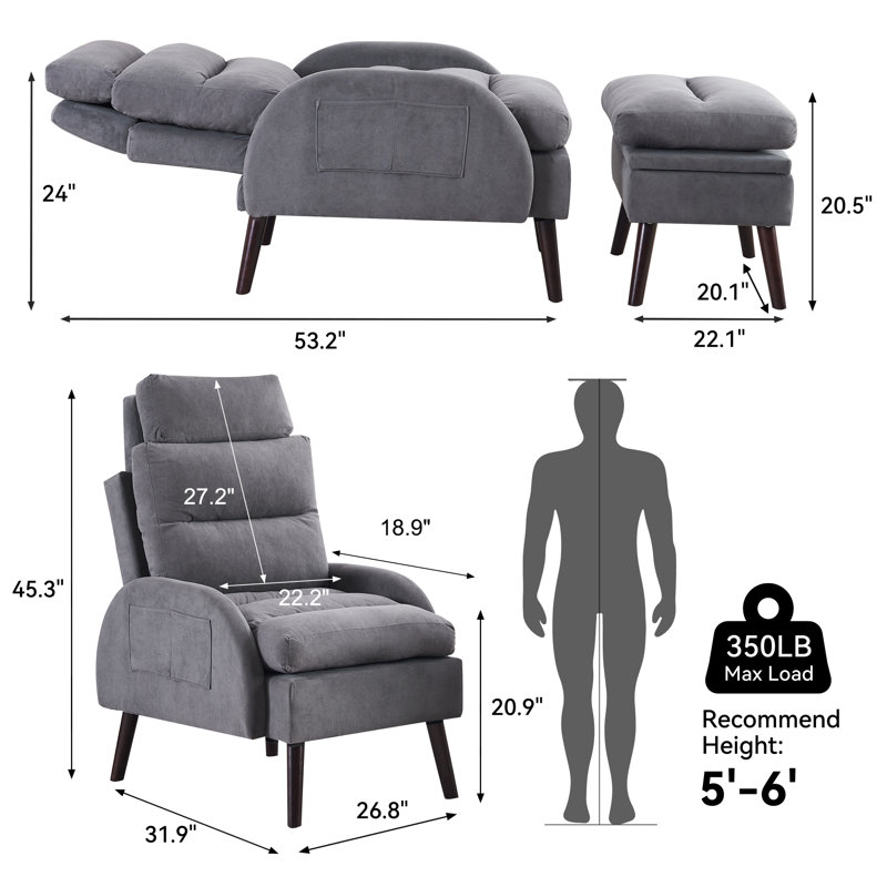 Jonilda Upholstered Accent Chair and Ottoman with  Adjustable Backrest, Dark Gray Velvet