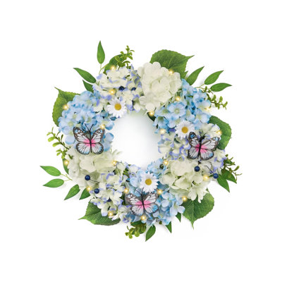 Couronne de printemps pour la porte d'entrée avec lumières, hortensias en soie bleu et blanc avec couronne d'eucalyptus et papillon pour la fenêtre du porche de la maison - 18 po