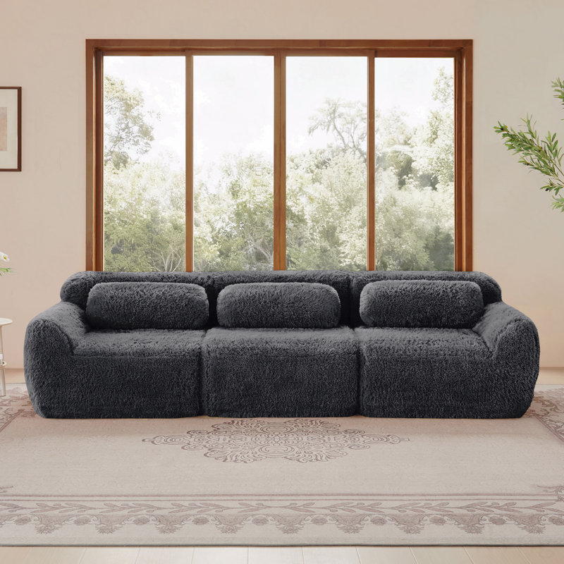 Canapé pour 3 personnes dans des chambres familiales spacieuses Tissu moelleux doux et moelleux de 114 po, canapé modulaire modulaire, conception ergonomique avec repose-pieds et coussins décoratifs, connexion à boucle de compression sous vide pour étude, cinéma maison, gris foncé