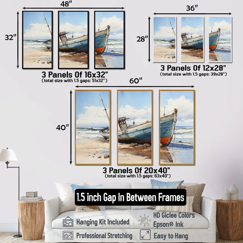 Bateau de pêche à la plage - ensemble de salon d'art mural bord de mer, Cadre flottant noir, H 32 po x l 48 po x P 1 po