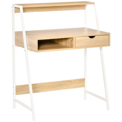 Bureau d'ordinateur compact, en bois naturel, avec tiroir et tablettes de rangement. Structure de qualité, table d'écriture, tiroir, design stable.