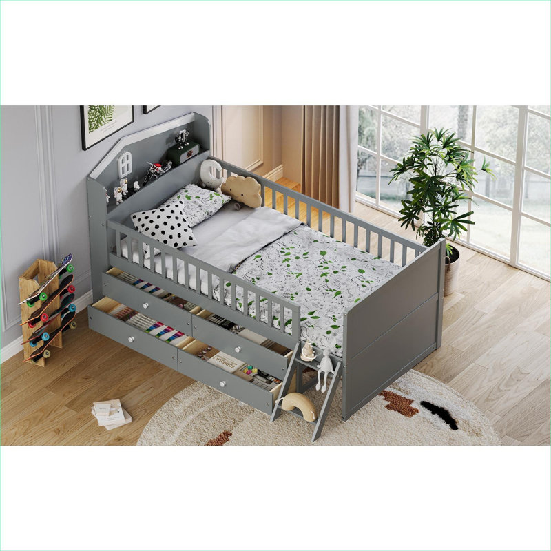 Lit plateforme simple en bois massif gris classique avec rangement à 4 tiroirs, barrière de sécurité pour chambre d'enfant