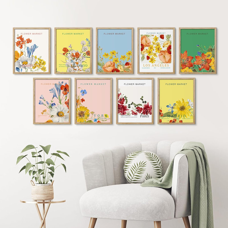 Multicolore coloré vibrant New York Flower Market Garden Bouquet Boho, impression sur papier 9 pièces, L 11 po x H 14 po