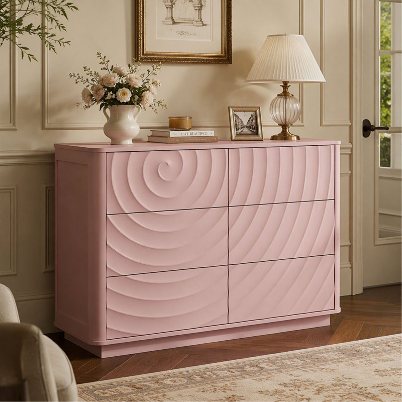 Commode à 6 tiroirs de 118 cm (46,5 pouces) au design ondulé sans poignées, meuble de rangement moderne pour chambre à coucher