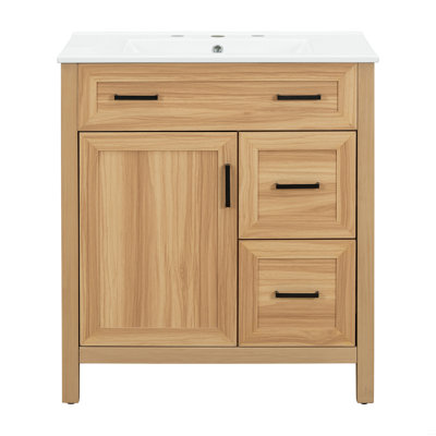 Meuble-lavabo de 30 po en bois avec structure en bois massif, 1 porte à fermeture douce, 2 tiroirs à fermeture douce, tablette réglable