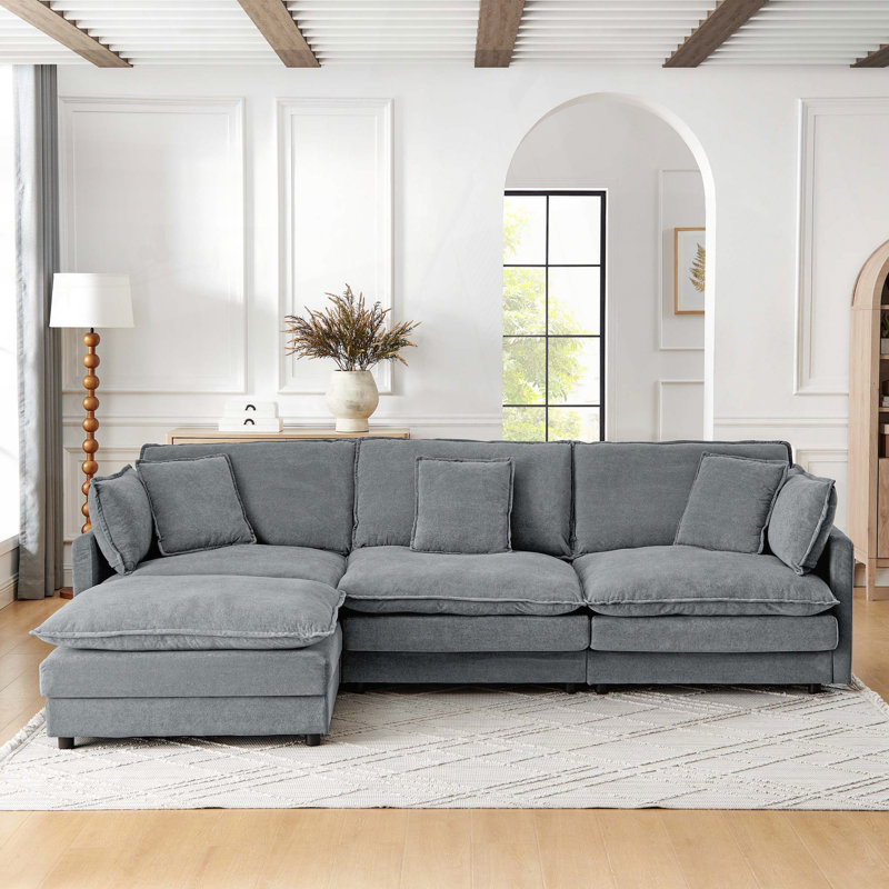 Canapé modulaire en L avec repose-pieds - Tissu convertible 4 places, serviette, Gris