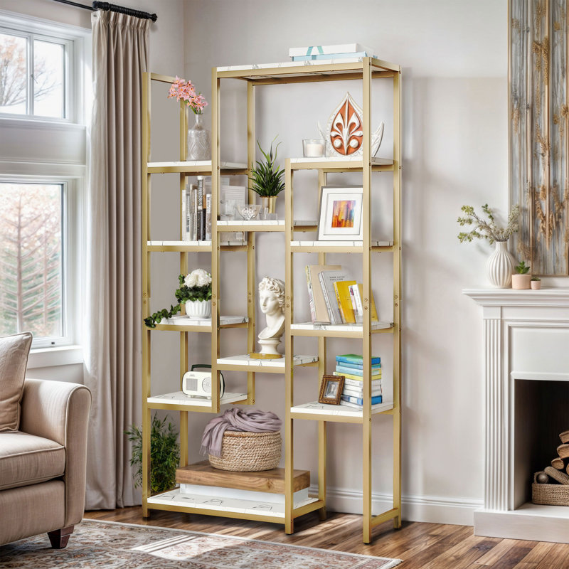 6 Tier Gold Geometric Bookcase In Marble Finish With 12 Shelves