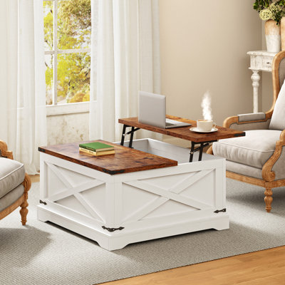 Table basse carrée à plateau relevable avec station de charge et rangement caché