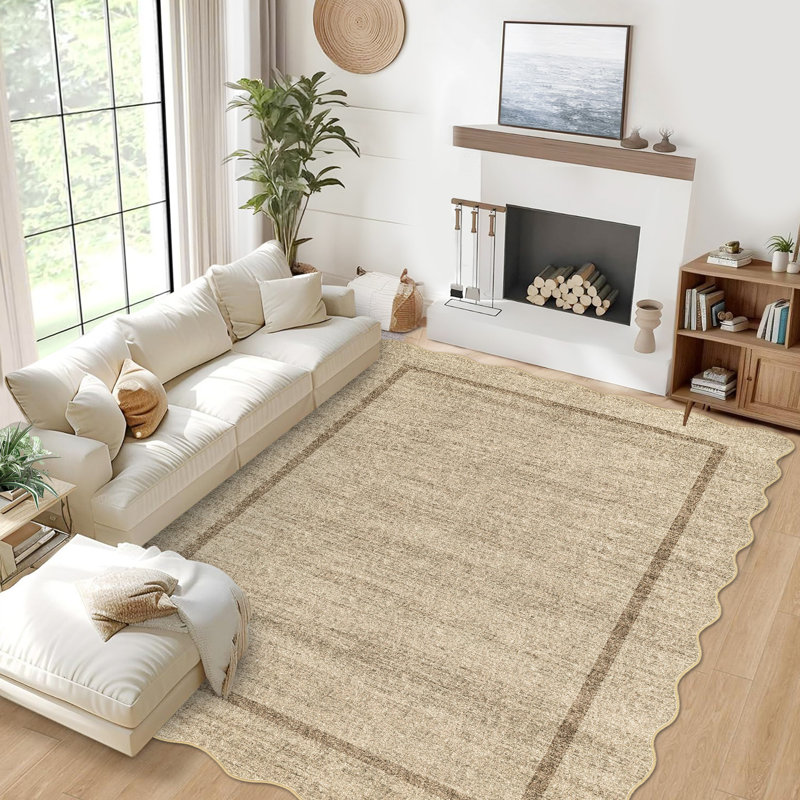 Scalloped Area Rugs Non Slip Bordered Floor Mats, Non Shedding Soft Low Pile Modern Accent Rugs, Washable Farmhouse Indoor Carpet for Living Room, Bedroom, Office