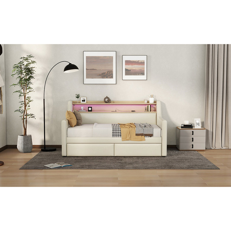 Twin Size Daybed In Beige, With Storage Compartments, Led Lighting And Charging Facility Upholstered Beige Possibilities, Lights Convenience Provision