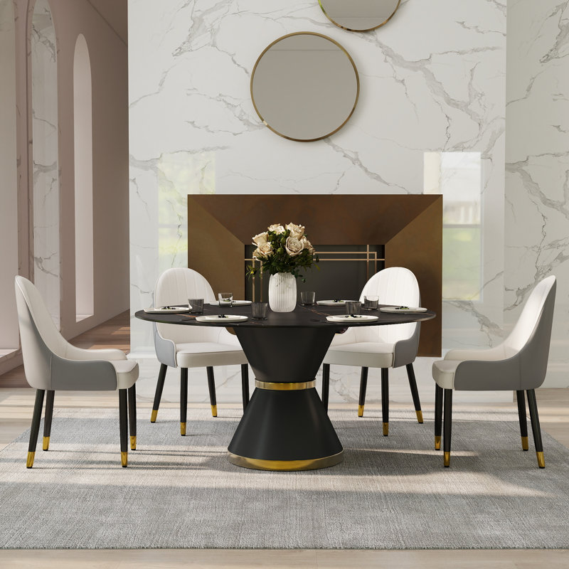 Benedic 6 - Person Modern Round Sintered Stone Dining Set with Pedestal Base, Black, Gray