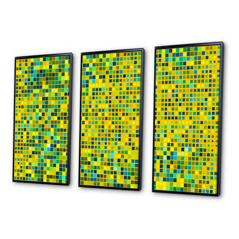 Pixel jaune clair bleu cubes - 3 pièces, reproduction sur toile, Cadre noir, H 28 po x l 36 po x P 1 po