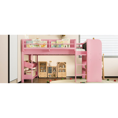 Rose, bois massif, lit mezzanine bas, bibliothèques, bureau, rangement, tiroirs complets, boîtes, zone d'étude,