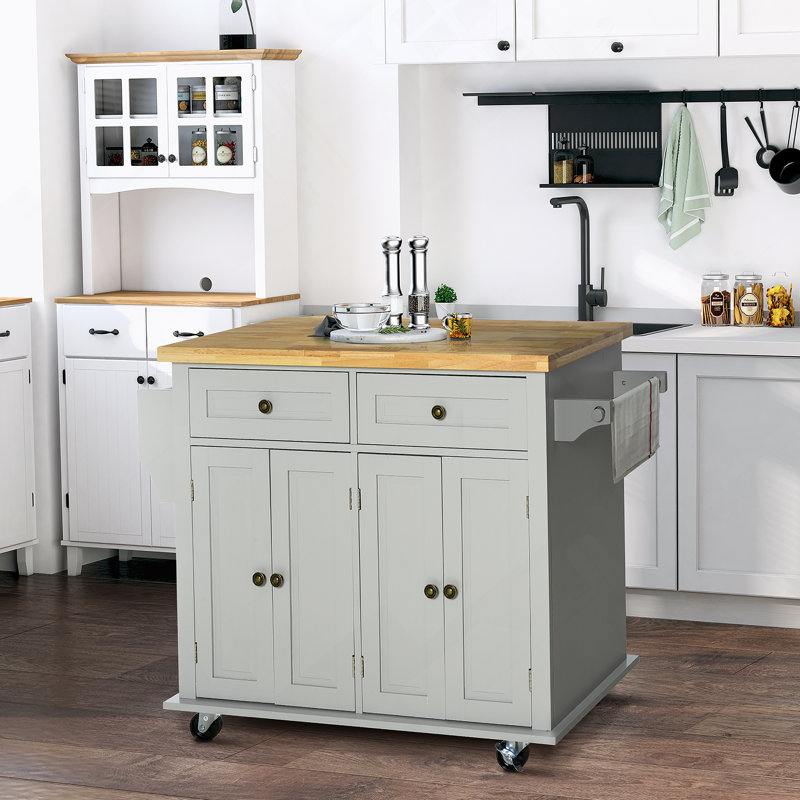Kitchen Island On Wheels, Rolling, Rubberwood Top, Spice Rack, Towel Rack, Drawers, Grey, Gray