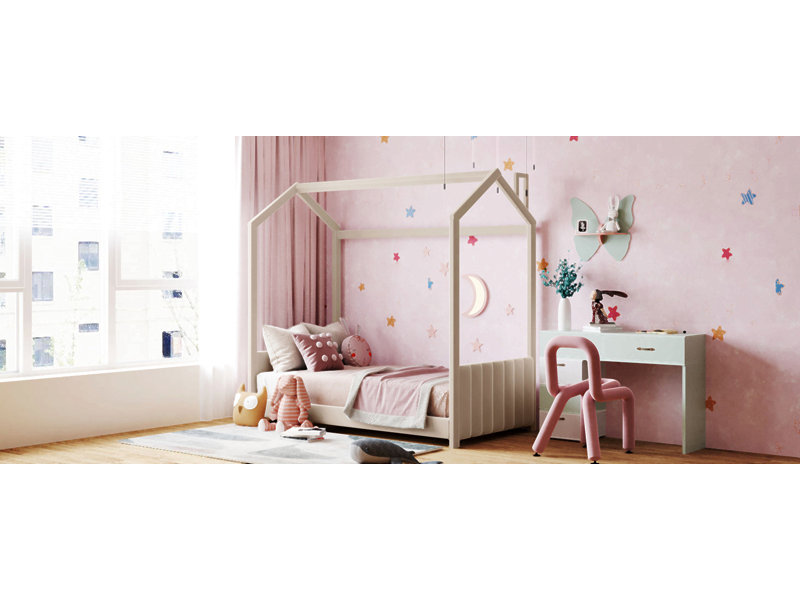 Twin Size Velvet House Bed Wood Bed, Beige, Twin