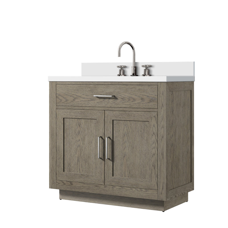 Abbey 36 in W x 22 in D Single Bath Vanity, Cultured Marble Top and Chrome Faucet Set, Black Oak, White Quartz