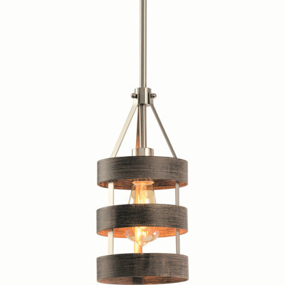 1-Light Brushed Nickel and Wood Grain Striped Cylinder Island Pendant Light