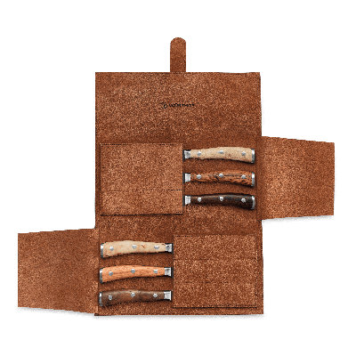 Wusthof Ikon 6-piece Mixed Wood Steak Knife Set With Leather Knife Roll In Brown
