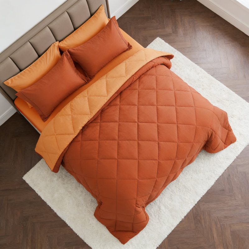 5 Piece Twin Reversible Comforter Set Burnt Orange Camel, Orange Abstract
