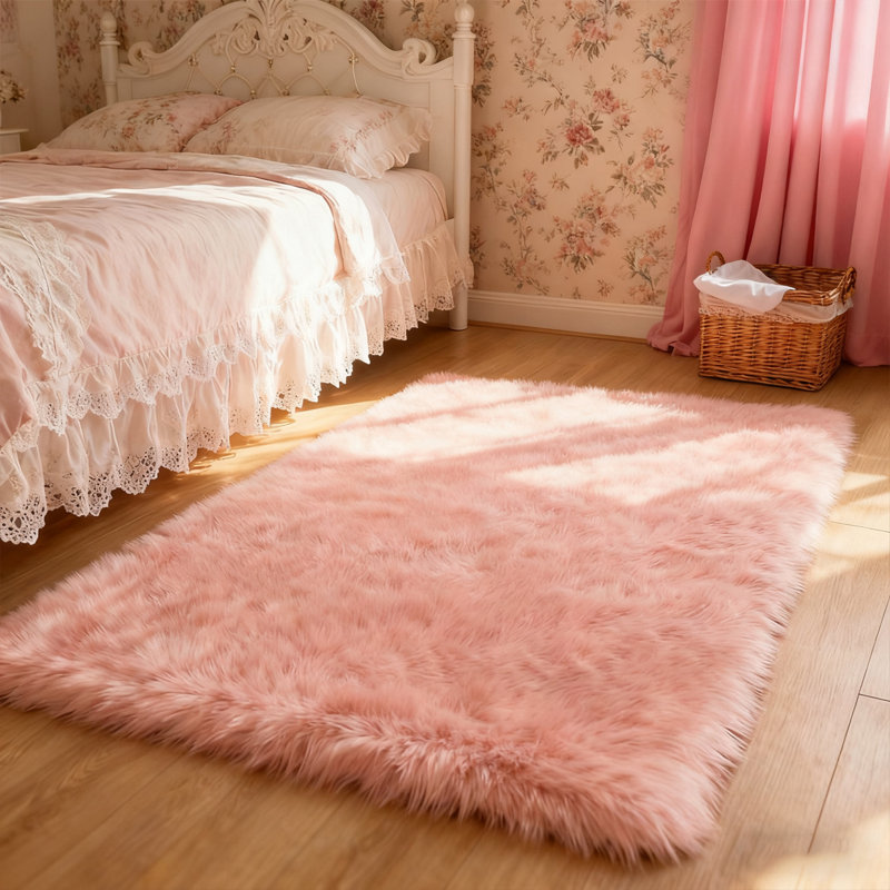 Lush Silky Pink Faux Sheepskin Living Room Rug, Rectangle 3' x 5'