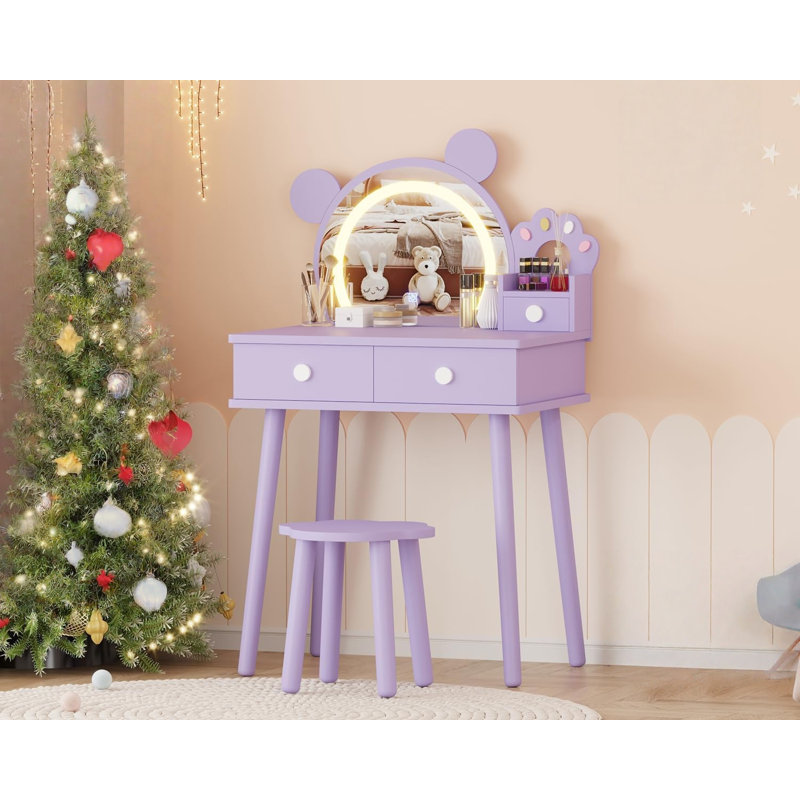 Kids Vanity Table with Lights,Cute Bear-Shaped Dressing Tables with Mirror&Storage Drawers,Wooden Princess Toddler Make Up Table Set,Pretend Play Vanity Sets for Little Girls