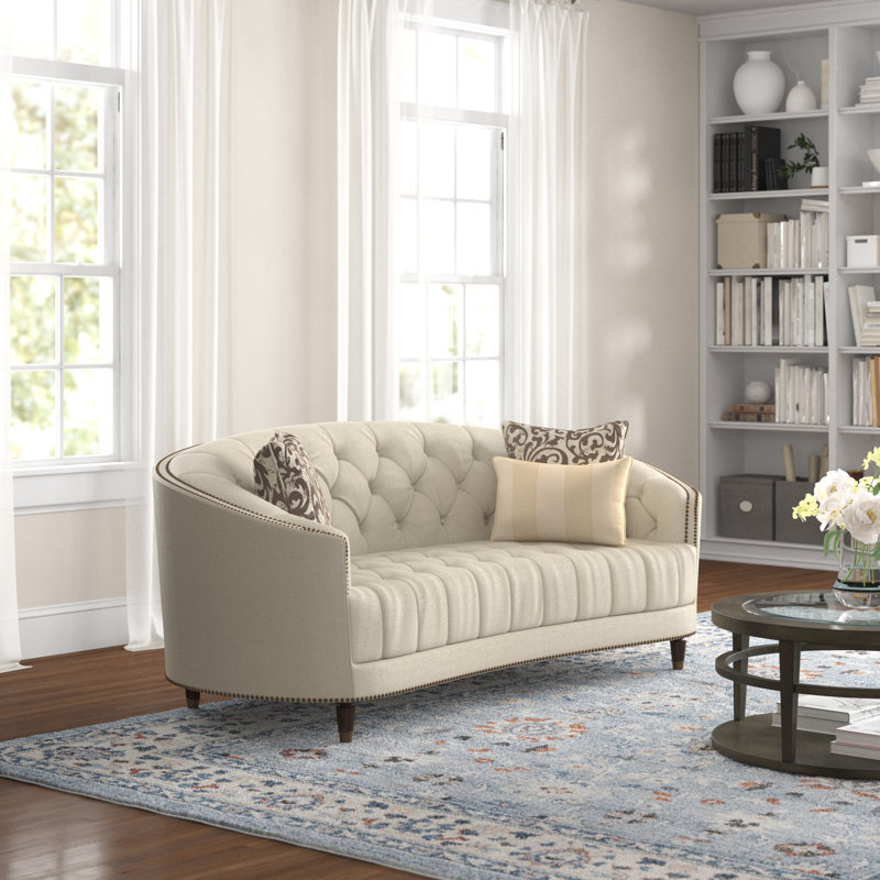 Anarah 90" Chenille Square Arm Curved Sofa, Ivory Fabric
