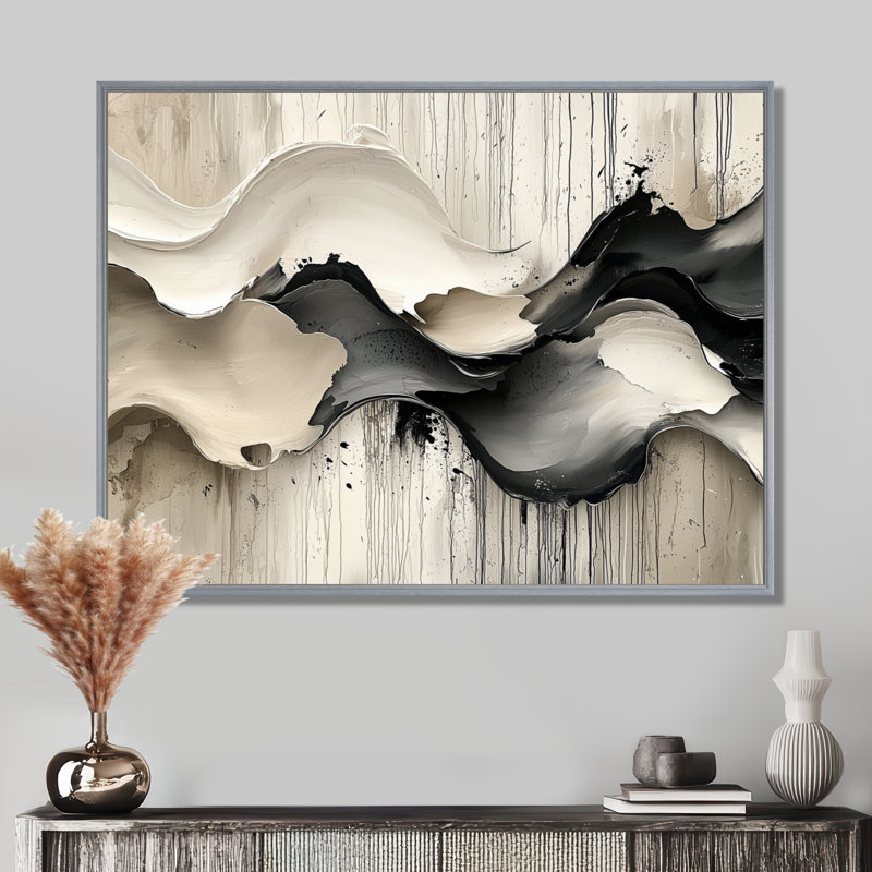 Grey On White Rhythmic Drizzle Ink River II - Abstract Modern Waves Wall Art, 34" H x 44" W, Silver Floater Framed