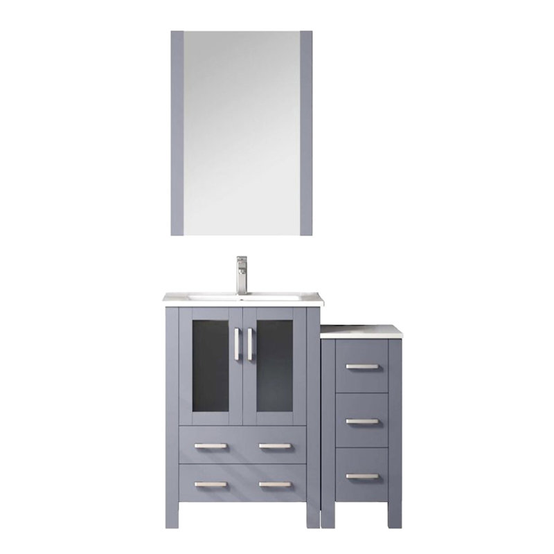 Gris foncé 36 po Meuble-lavabo avec armoire latérale dissimulée, robinet fini, comptoir en céramique blanche et 22 grands miroirs muraux décoratifs