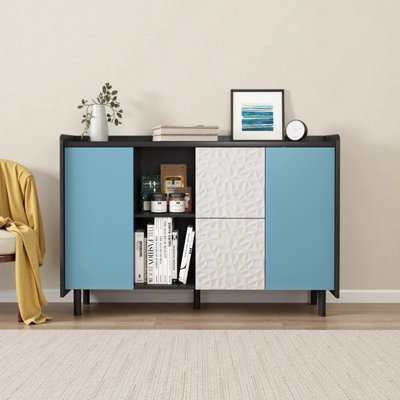 Buffet moderne noir avec portes bleues - 2 tiroirs et 2 compartiments de rangement ouverts, armoire d'appoint pour la cuisine, la salle à manger, le café-bar