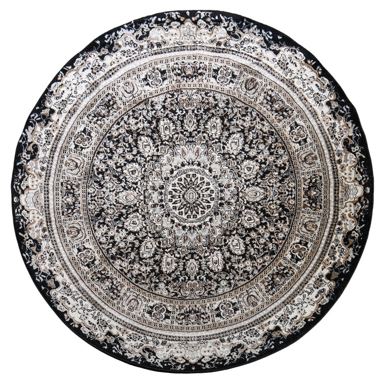 Devansh Power Loom Black/Cream Rug, Round 7'9"