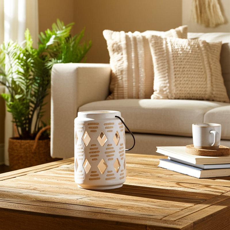 Decorative Ceramic and Stoneware Lantern with Cut-Out Diamond Design - Sleek Modern Hurricane Accent Crafted from Durable Materials for Stylish Ambient Display in Any Setting