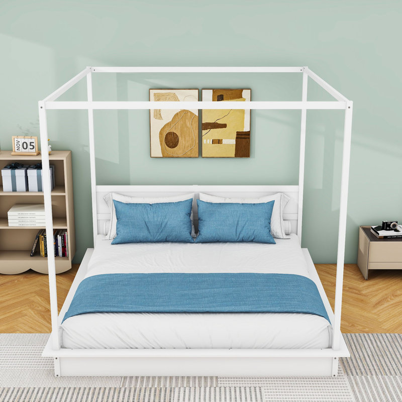 Lit plateforme à baldaquin en bois avec éclairage DEL et pieds centraux, Très grand lit