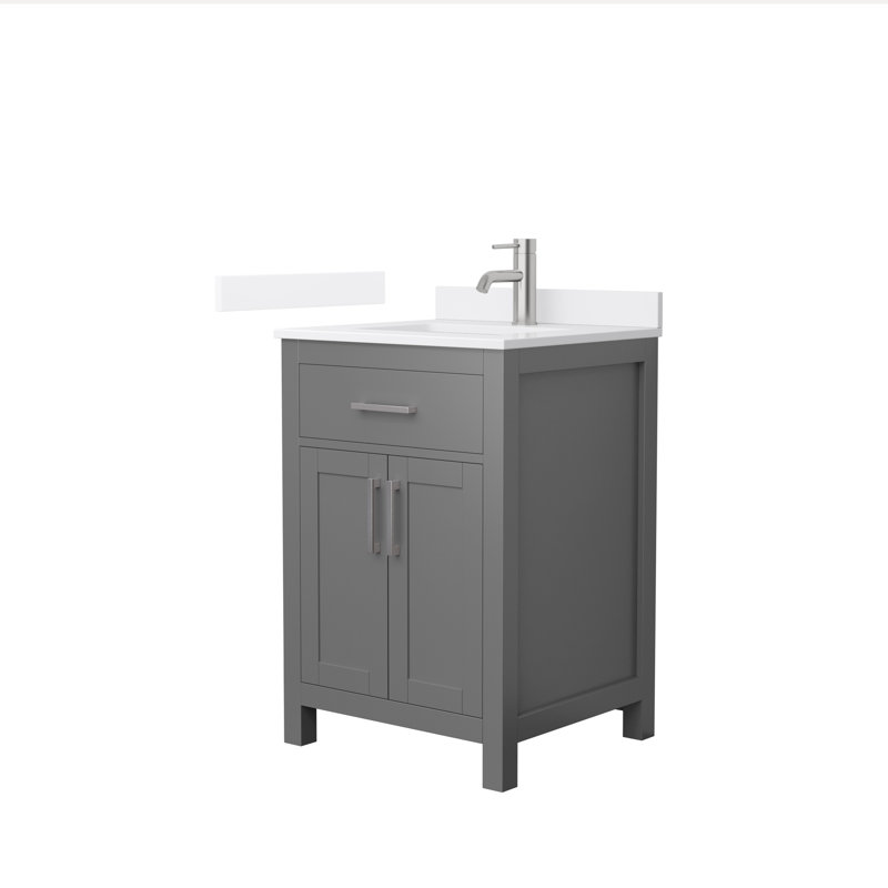 Meuble-lavabo simple autoportant 24 po avec plateau en quartz Beckett, Gris foncé, Nickel brossé, Quartz blanc