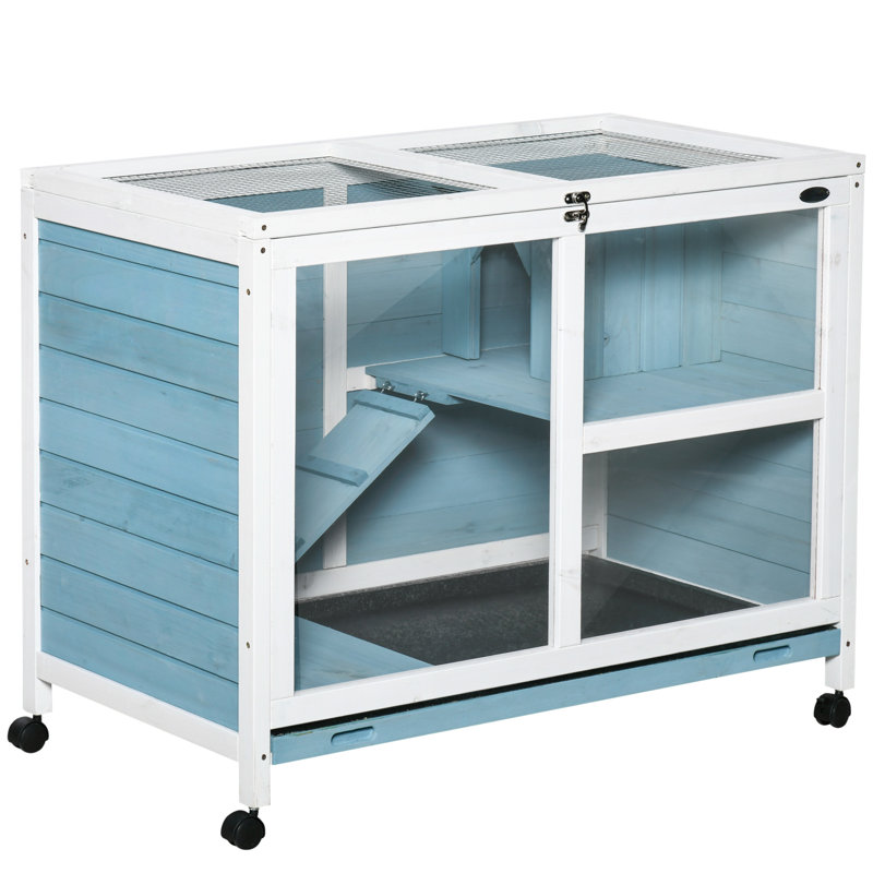 Light Blue Wooden Guinea Pig Cage with Ramp and Wheels