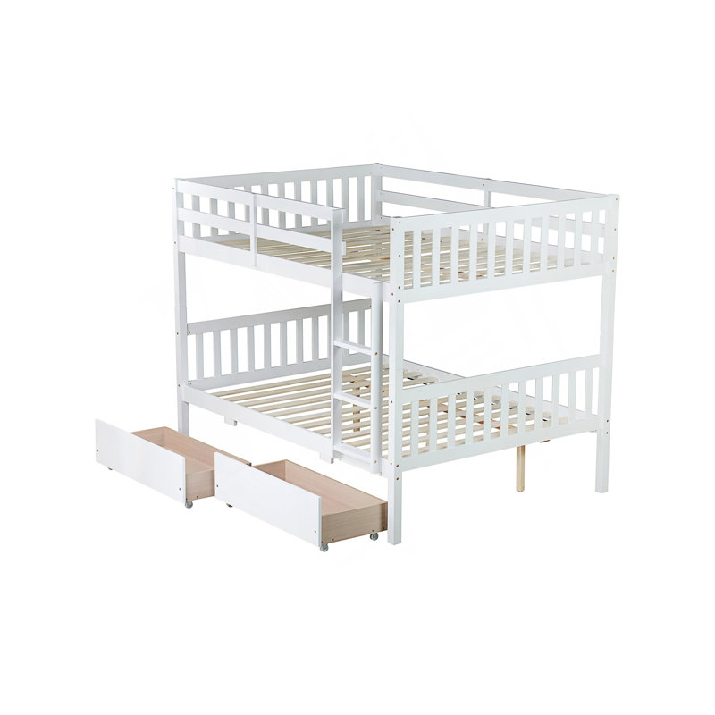 Lit superposé standard en bois massif 2 tiroirs, Blanc, Double sur double