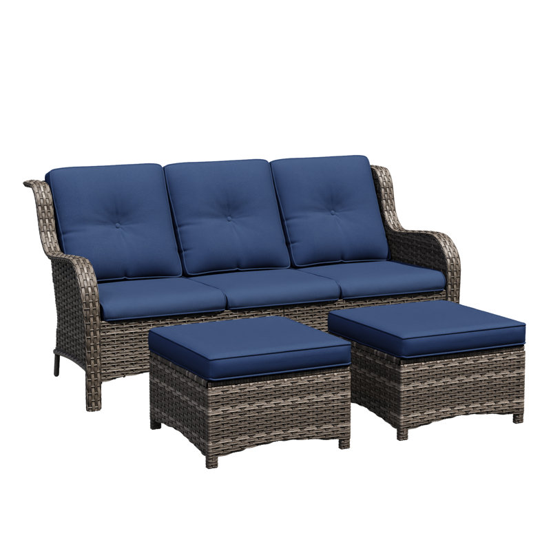 73'' Wide Wicker Patio Sofa with Cushions, Blue
