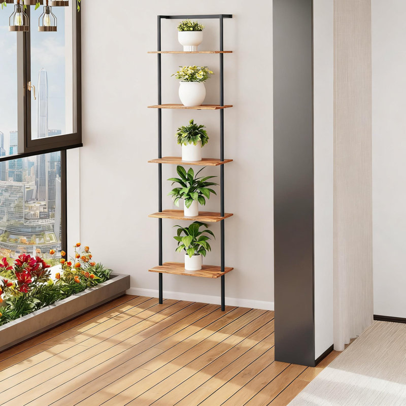 6-Tier Ladder Shelf, 77 Inches Wall Mounted Ladder Bookshelf Wit..., (6 Shelves) 77.2"H x 15.7"W x 9.4"D, Brown/Black