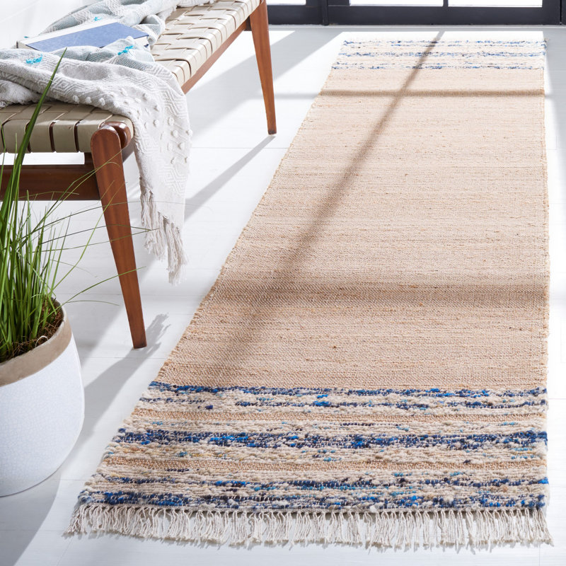 Makensy Hand Woven Jute/Wool/Cotton Striped Rug in Brown/Navy Blue, Runner 2'3" x 9'