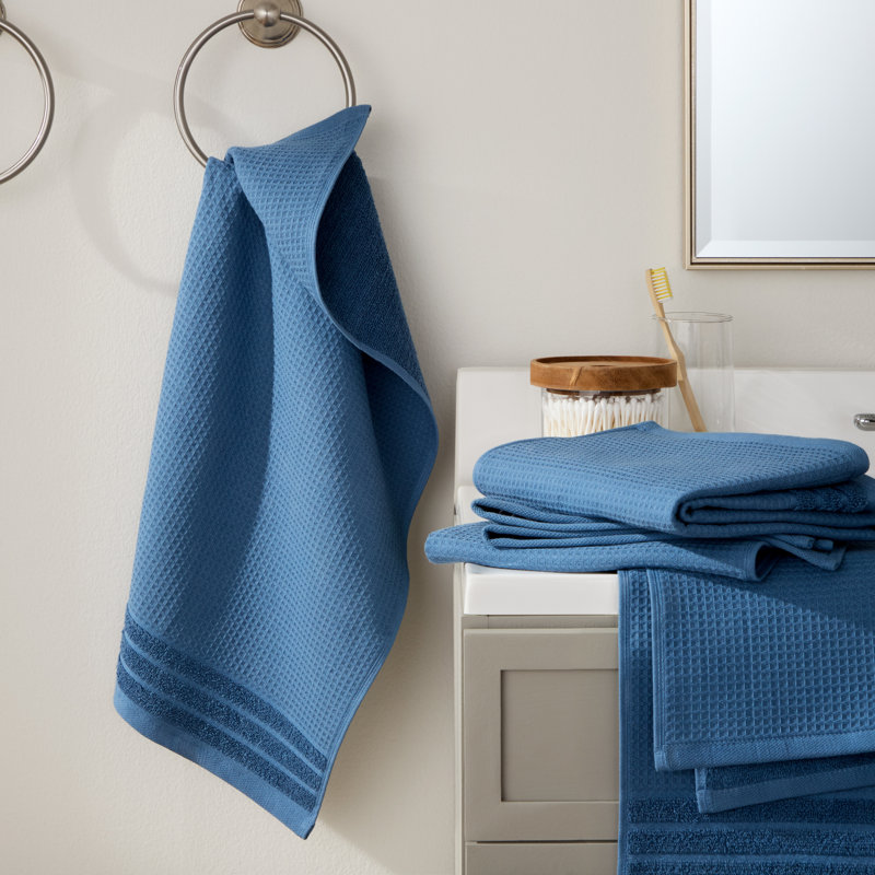 TOWN & COUNTRY BASICS 4-Piece Waffle Woven Terry Stripe Hand Towel Set, 20x30-Inch, 100% Cotton, Quick Dry, Blue