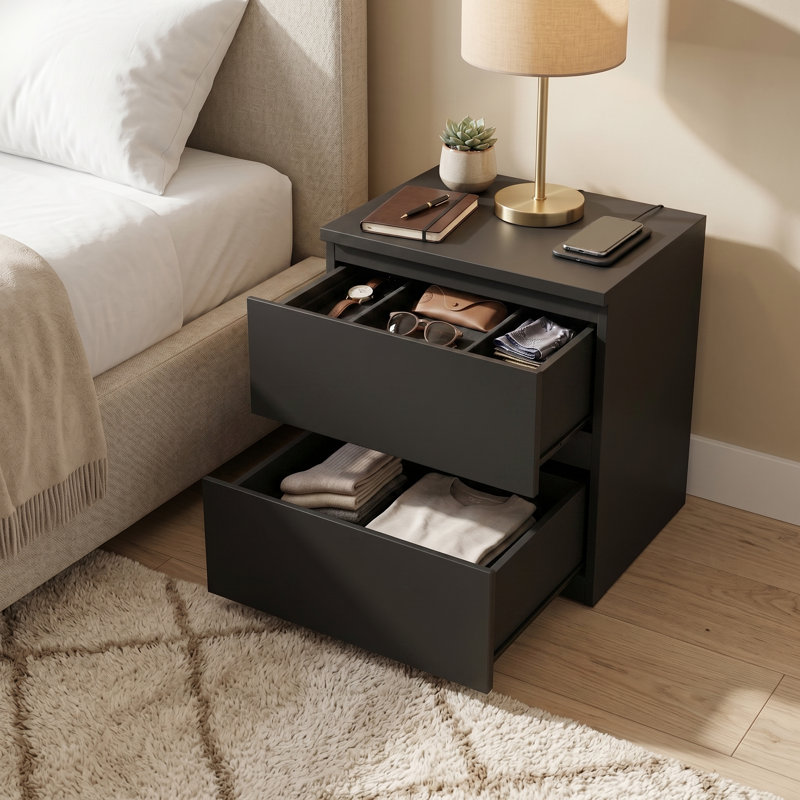 Delancey 30cm W Manufactured Wood Bedside Table, Black