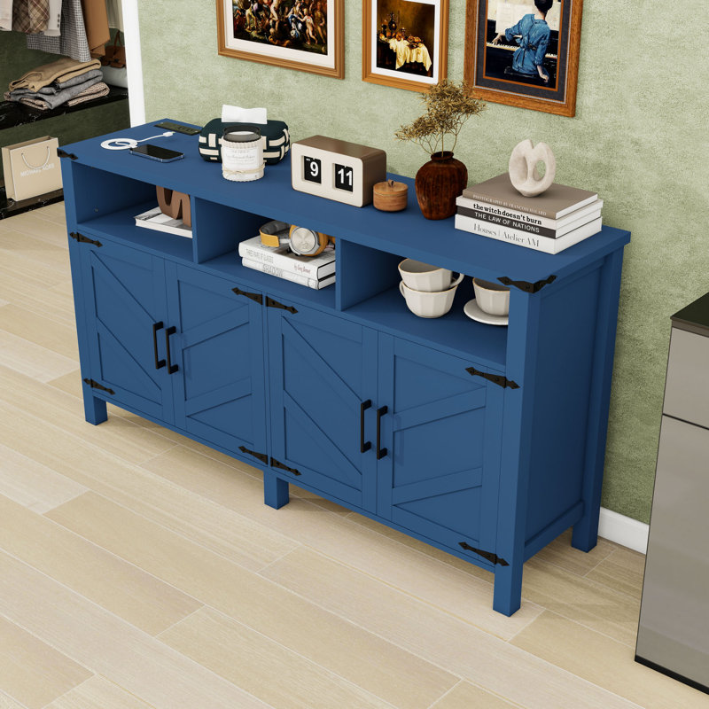 Sideboard with 4-Door, Power Outlets and Adjustable Shelves, Navy Blue