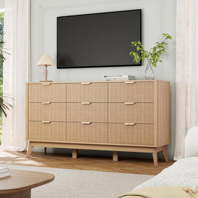 Fluted 9-Drawer Large Capacity Dresser Cabinet, 59'' Wide Wood Chest With Metal Handle, Natural