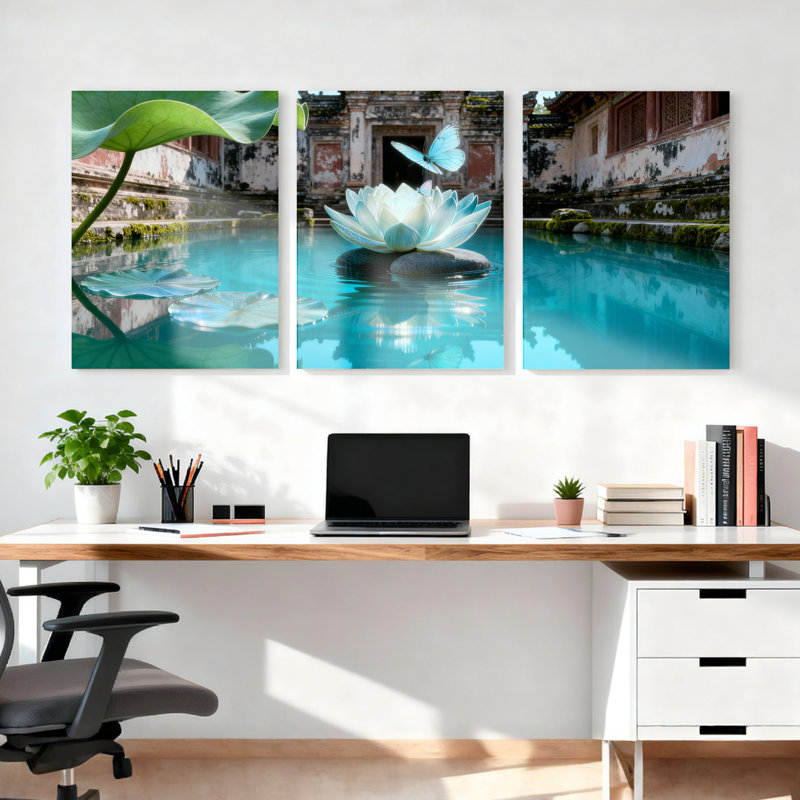 Ensemble de 3 toiles murales représentant un jardin de lotus et de papillons, H 36 po x l 72 po