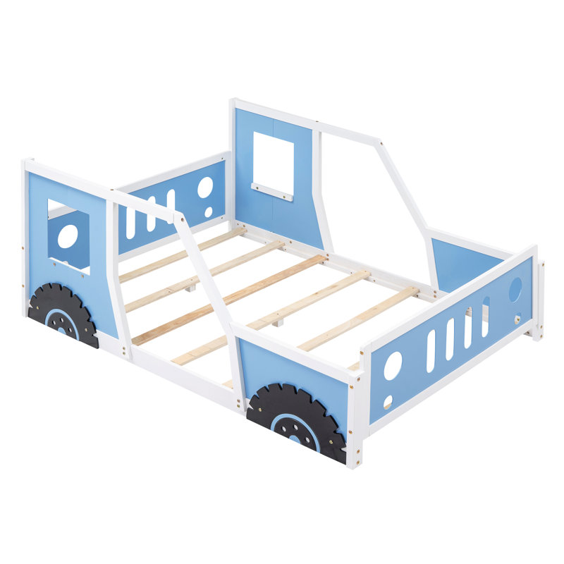 Grand lit plateforme en forme de voiture avec roulettes, bleu, Bleu
