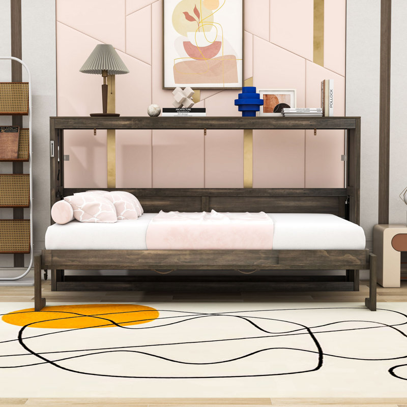 Lit escamotable simple en bois avec éclairage DEL et verrou de sécurité, Brun