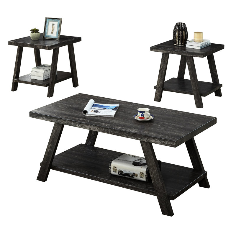Table basse contemporaine en bois au fini gris anthracite avec tablettes de rangement et pieds larges en anthracite