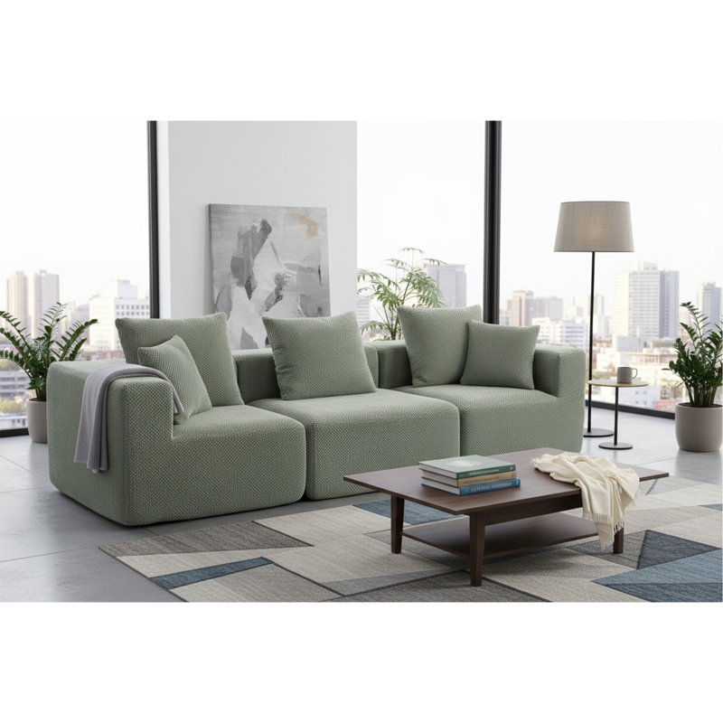 Canapé modulaire modulaire à 3 places, canapé à assise profonde entièrement en mousse avec chenille texturée moelleuse, installation compressée et installation sans outils, conception à profil bas pour les petits espaces, l 111 po x P 37 po x H 23,6 po vert clair