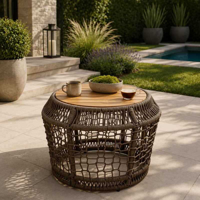 Table d'appoint ronde en bois d'acacia avec structure en corde tressée, capacité de 68 kg, aucun assemblage requis, résistante aux intempéries pour une utilisation intérieure et extérieure