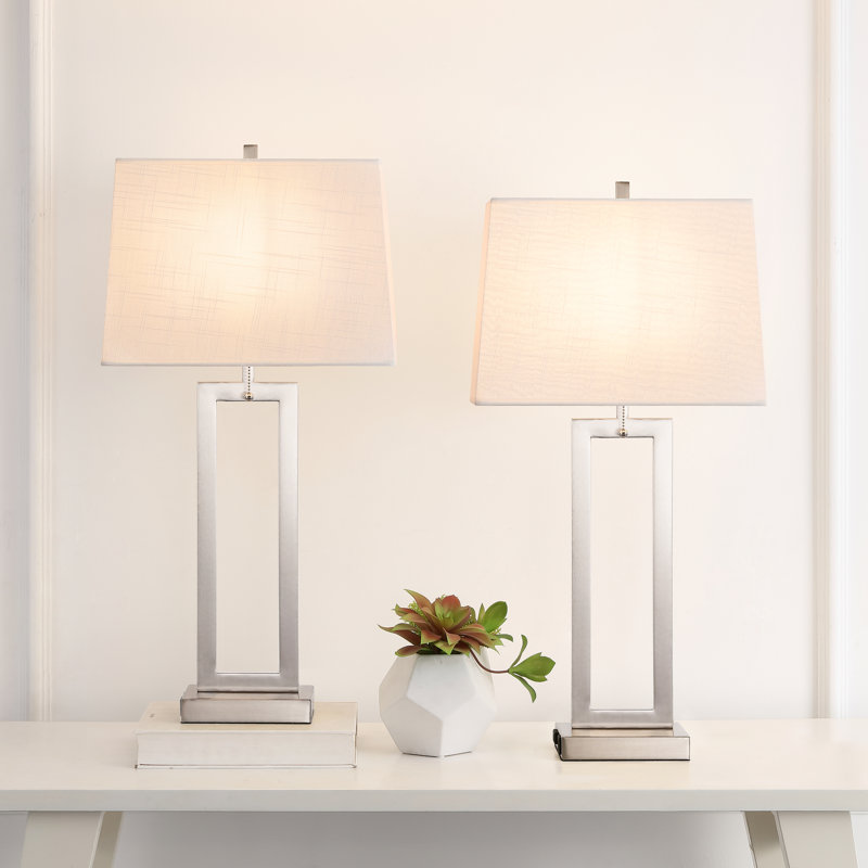28.5" Metal Table Lamp Set With USB, Type-C Ports And Built-In Outlet(Set Of 2), Nickel, Pull Chain